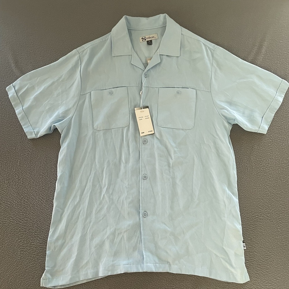 Silver Silk Button Up XL Blue‎ Short Sleeve Button Shirt Tencel